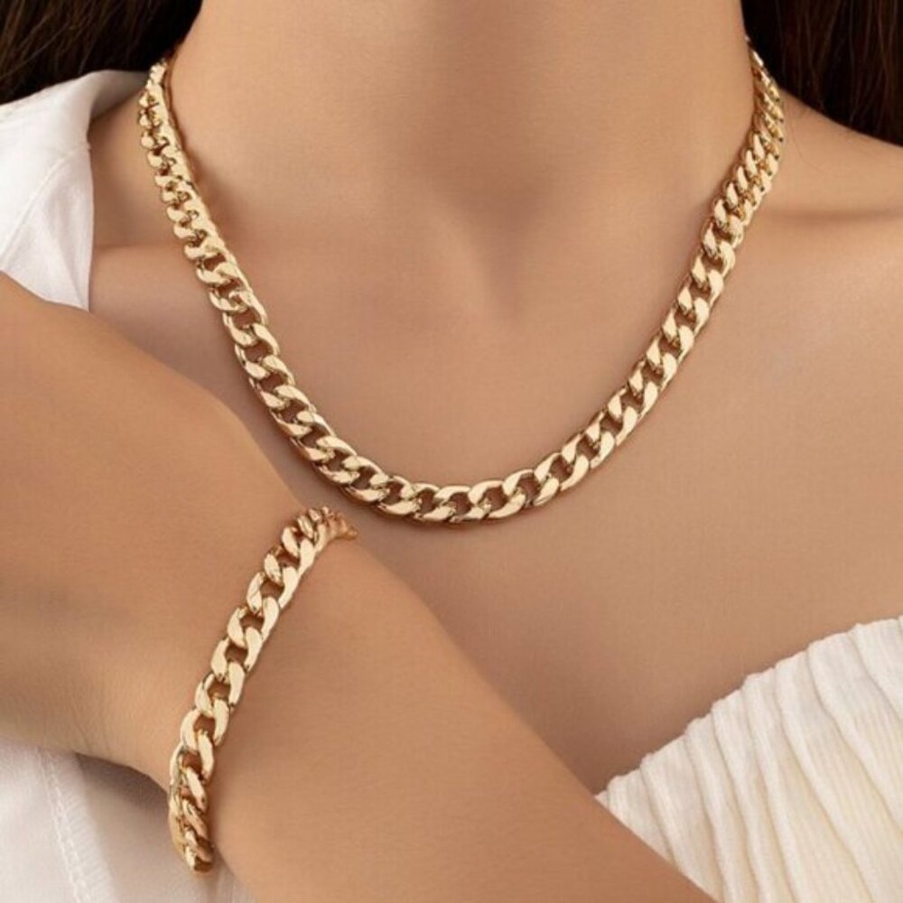 Gold Cuban Link Chain Necklace & Bracelet Set | 18K Gold Filled